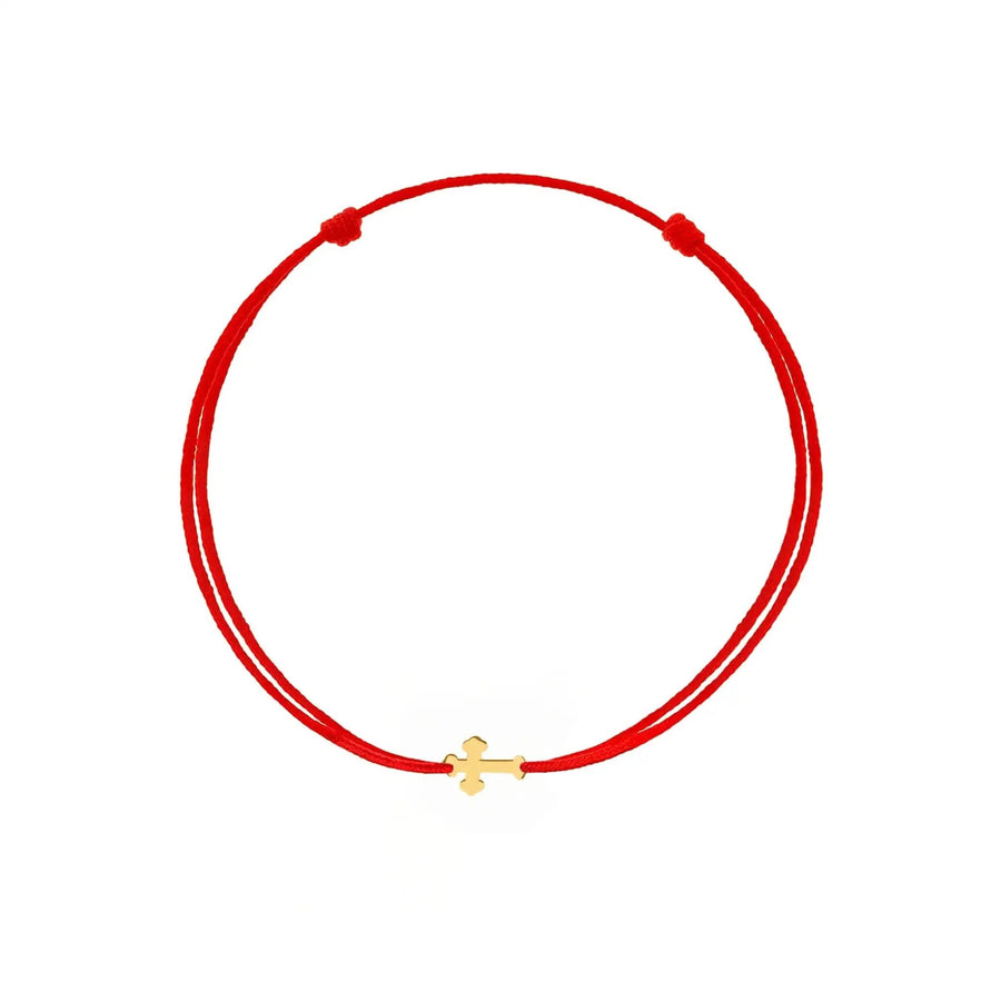 Brățară aur 9K cu șnur roșu și cruce bizantină stilizată — pandantiv 11x6 mm trefoil