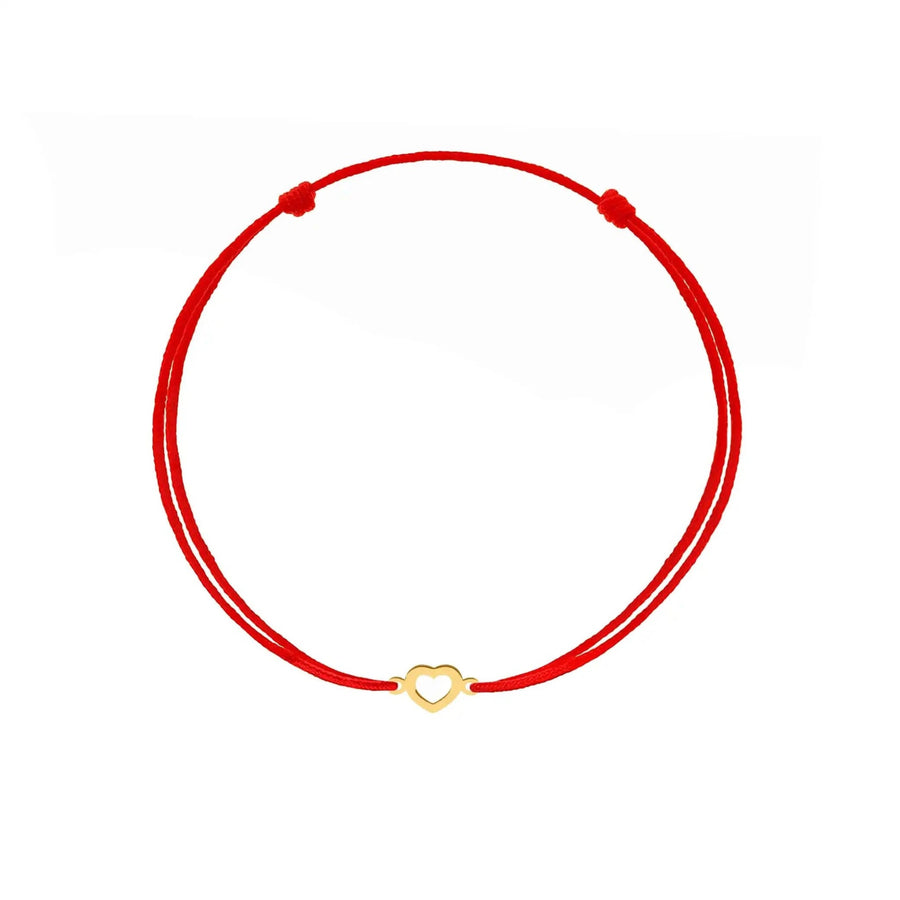 Brățară aur 9K cu șnur roșu și inimă decupată outline — pandantiv 11x6 mm