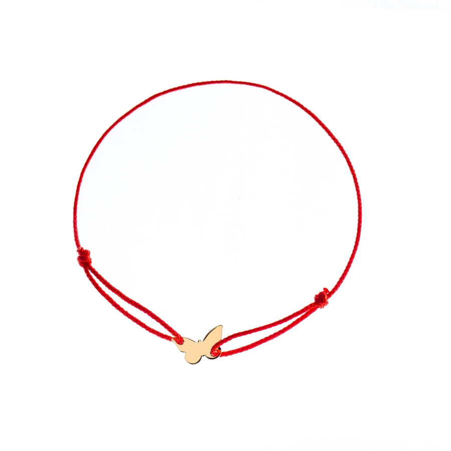 Brățară aur 9K cu șnur roșu și pandantiv fluture plin 10x7 mm lateral pe șnur