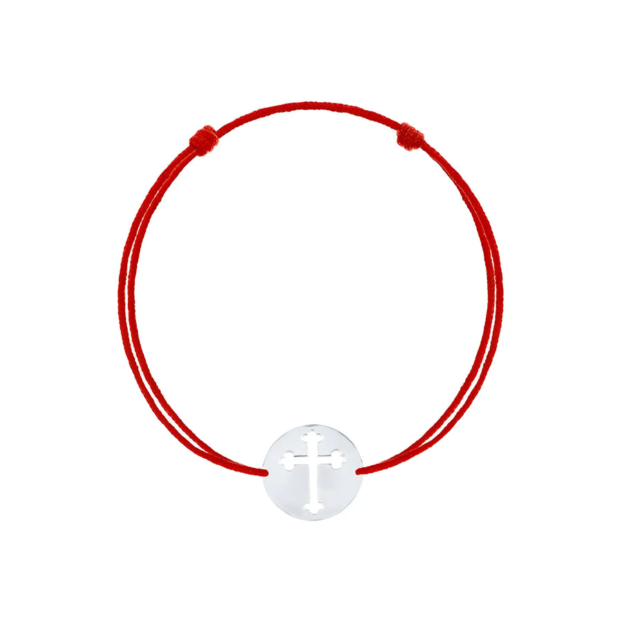 Brățară argint 925 rodiat cu șnur roșu și disc decupat cruce ortodoxă budată 15mm