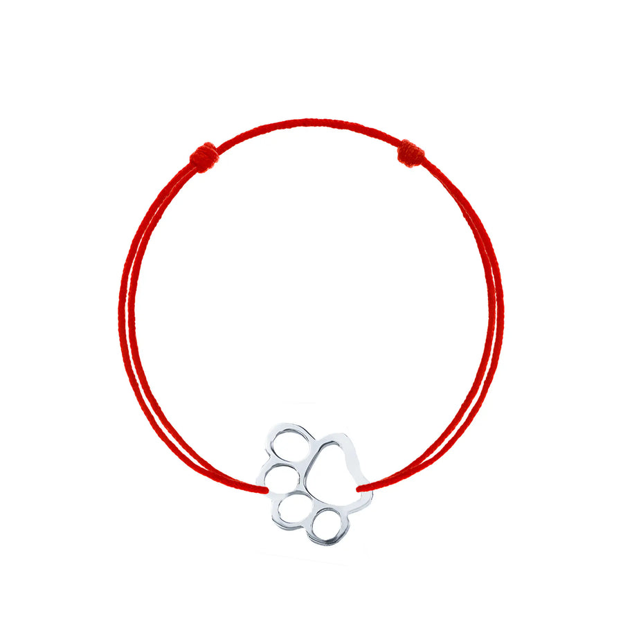 Brățară argint 925 rodiat cu șnur roșu reglabil și pandantiv lăbuță contur stilizată 12.5×9.5 mm
