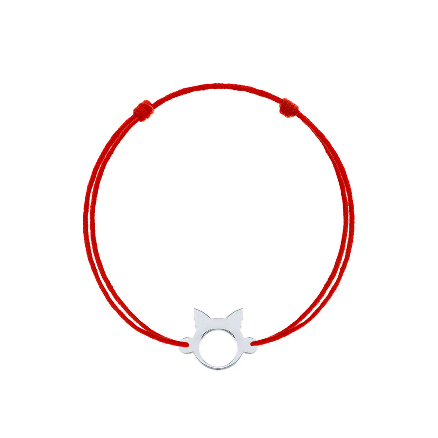 Brățară argint 925 rodiat cu șnur roșu și cap de pisicuță stilizat 18x15mm