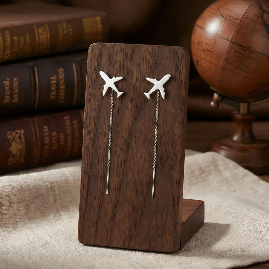 Cercei threader argint 925 rodiat cu avion stilizat 12x10mm și lanț fin 6cm — vedere frontală cu globe pământesc