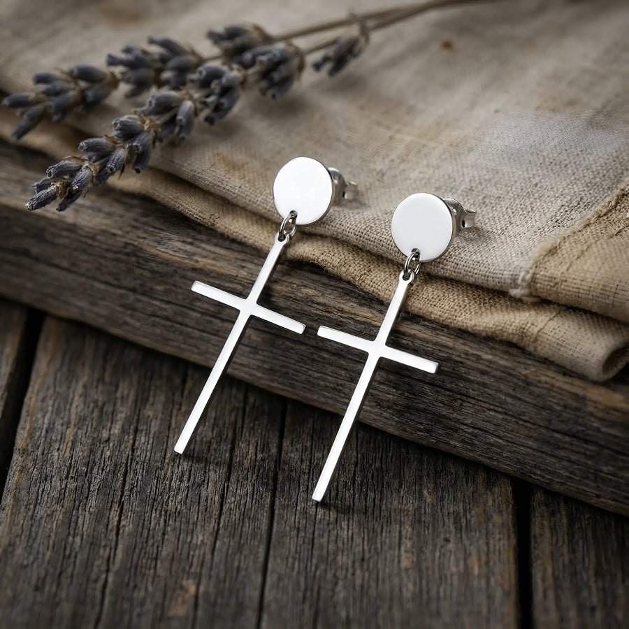 Cercei argint 925 rodiat lungi cu cruce simplă 15x10 mm – stud rotund cu fluturaș, finisaj oglindă
