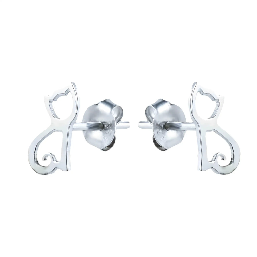 Cercei stud argint 925 rodiat cu siluetă outline pisicuță 9.5x5.5mm — vedere frontală cu coadă spiralată