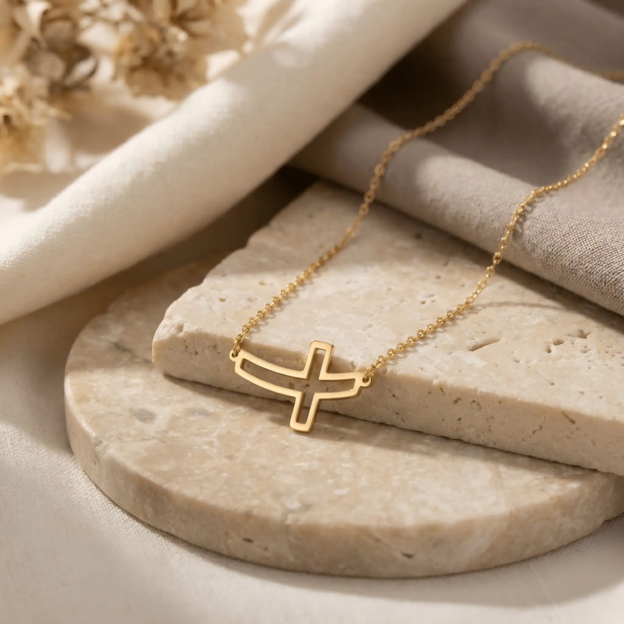Colier aur 14K cu pandantiv cruce orizontală decupată outline, lanț fin oglindă