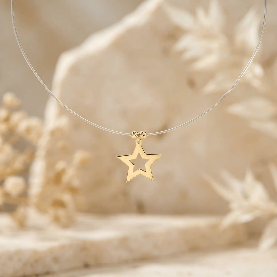 Colier aur 14K cu pandantiv stea decupată 5 colțuri pentagramă pe fir transparent floating