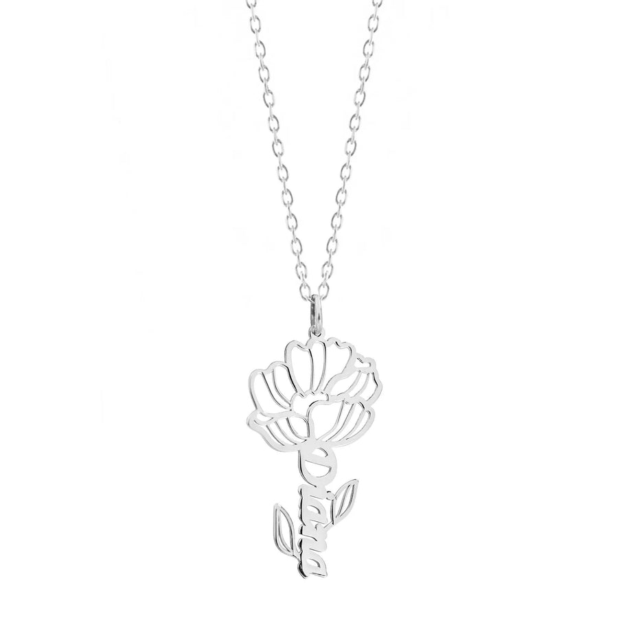 Lantisor argint 925 rodiat cu numele Diana in script si floare bujor decupata