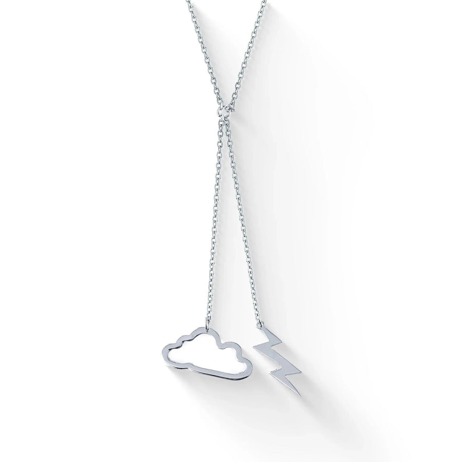 Lănțișor argint 925 rodiat lariat dublu cu Nor și Fulger – nor outline 12 mm + fulger Z plin 10 mm pe ramuri verticale inegale