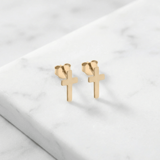 Cercei Stud din Aur 14K Cruce Contur – Simbol Sacru Minimalist