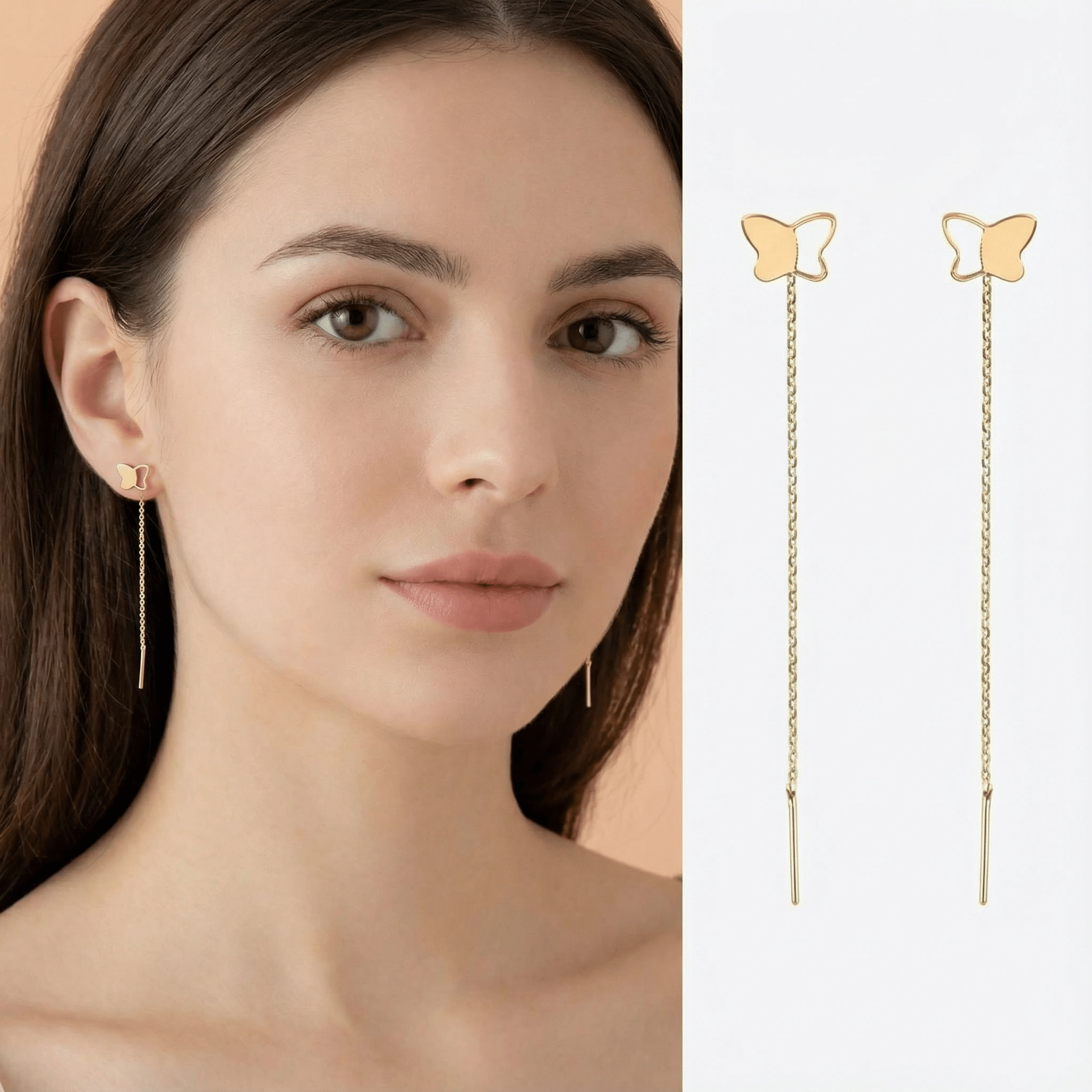Cercei Threader Aur 14K cu Fluture în Profil – Eleganță în Zbor