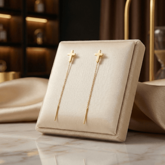 Cercei Threader Aur 14K cu Cruce și Lănțișor – Eleganță Divină