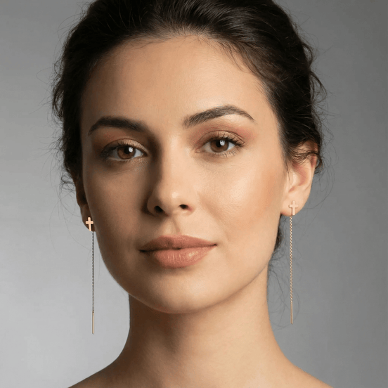 Cercei Threader Aur 14K cu Cruce și Lănțișor – Eleganță Divină
