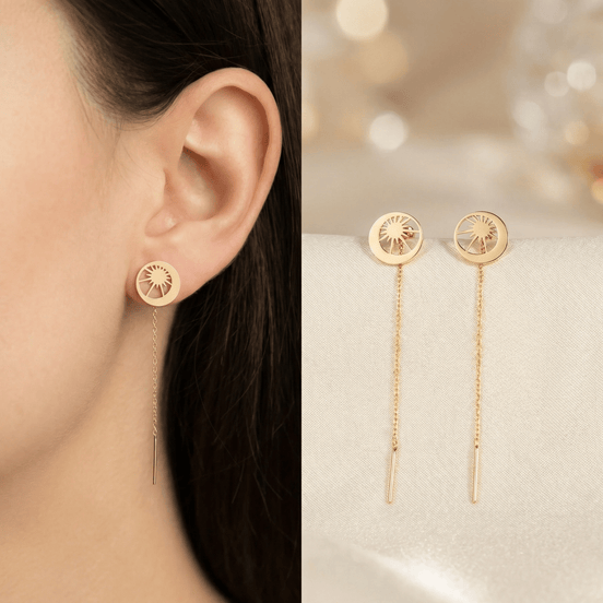 Cercei Threader Aur 14K Lună și Soare – Armonie Celestă