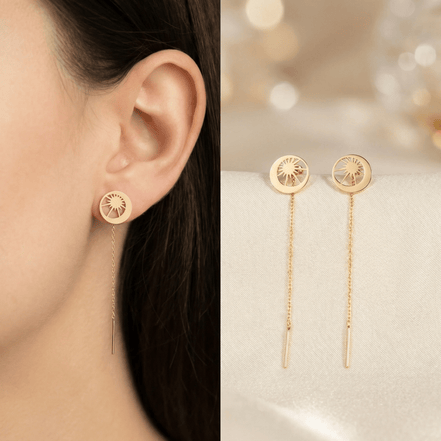 Cercei Threader Aur 14K Lună și Soare – Armonie Celestă