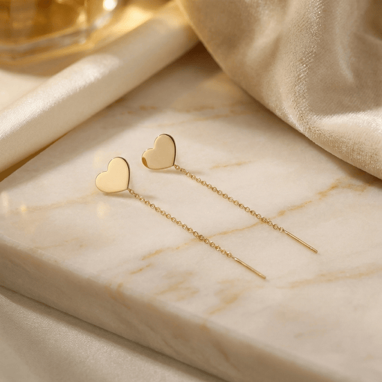 Cercei Threader Aur 14K cu Inimă Mare și Lănțișor – Simbolul Iubirii