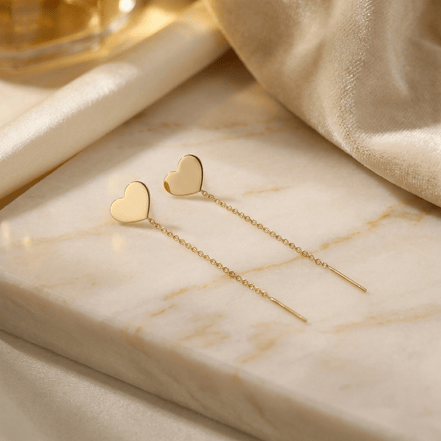Cercei Threader Aur 14K cu Inimă Mare și Lănțișor – Simbolul Iubirii