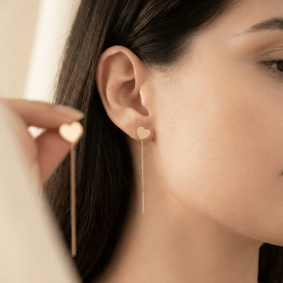 Cercei Threader Aur 14K cu Inimă Mare și Lănțișor – Simbolul Iubirii