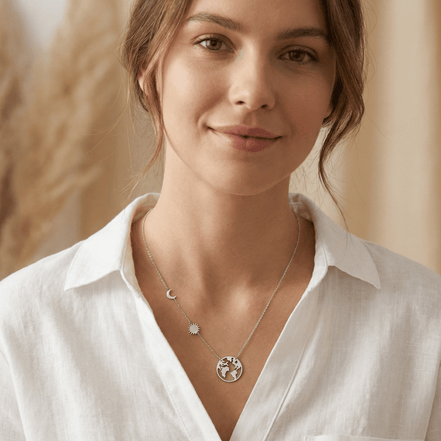 Lănțișor Argint 925 Glob Pământesc, Lună și Soare – Colier Celestial