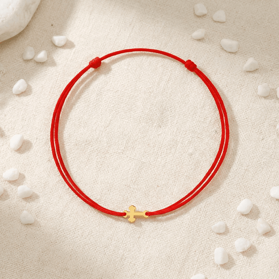 Brățară Aur 14K cu Șnur și Cruce Stilizată – Talisman Protector Reglabil