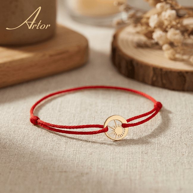 Brățară Aur 14K cu Șnur, Lună și Soare – Echilibrul Cosmic cu Garanție și Cutie Cadou