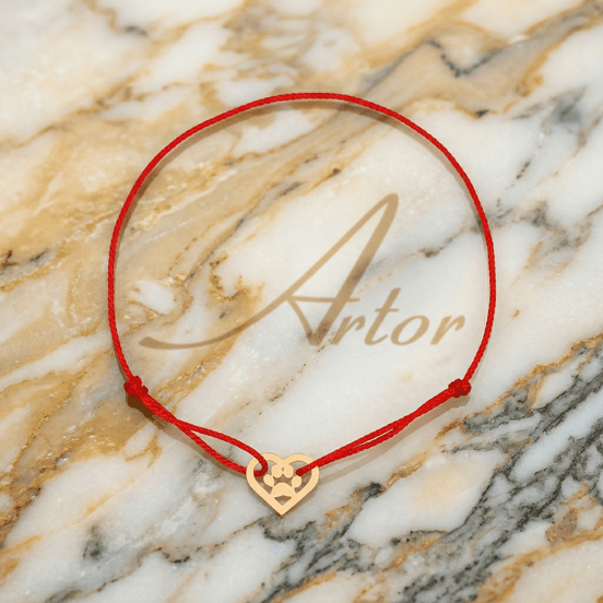 Brățară Aur 14K cu Șnur, Inimă și Lăbuță de Cățel – Simbolul Iubirii necondiționate