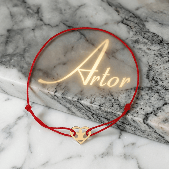 Brățară Aur 14K cu Șnur, Inimă și Îngeraș – Simbolul Protecției cu Garanție și Cutie Cadou