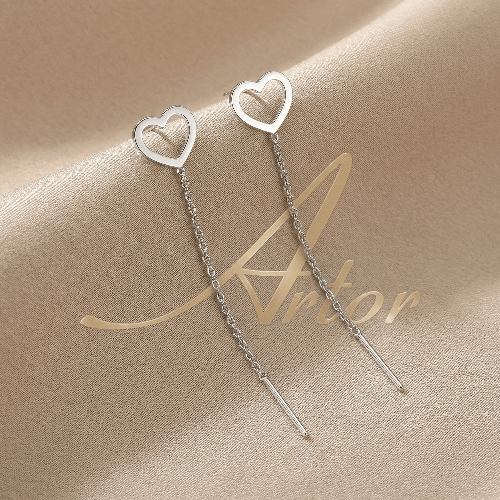 Cercei Argint 925 Lungi cu Lanț și Inimă Contur – Design Delicate Heart Threader