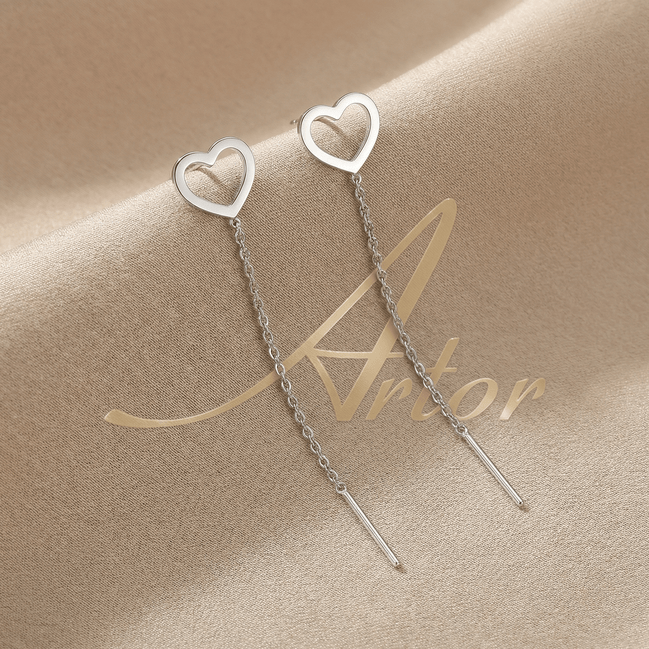 Cercei Argint 925 Lungi cu Lanț și Inimă Contur – Design Delicate Heart Threader