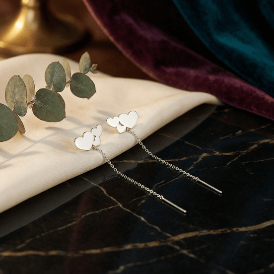 Cercei Argint 925 Lungi cu Lanț și 3 Inimi – Design Romantic Triple Heart Threader