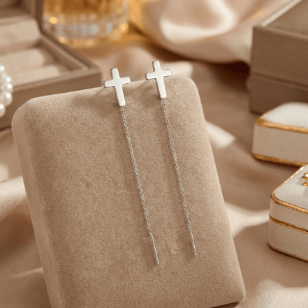 Cercei Argint 925 Lungi cu Lanț și Cruce – Design Modern Cross Threader