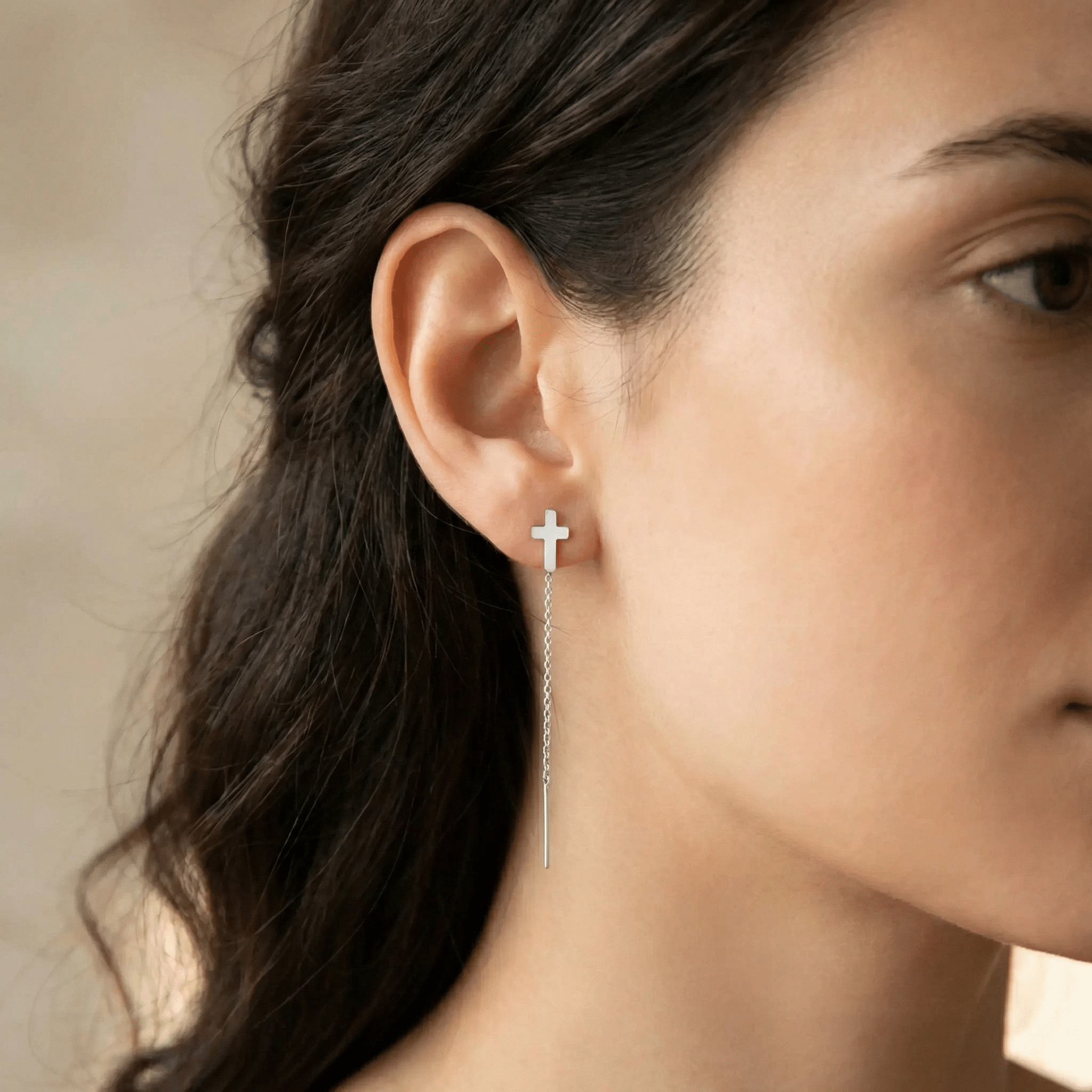 Cercei Argint 925 Lungi cu Lanț și Cruce – Design Modern Cross Threader