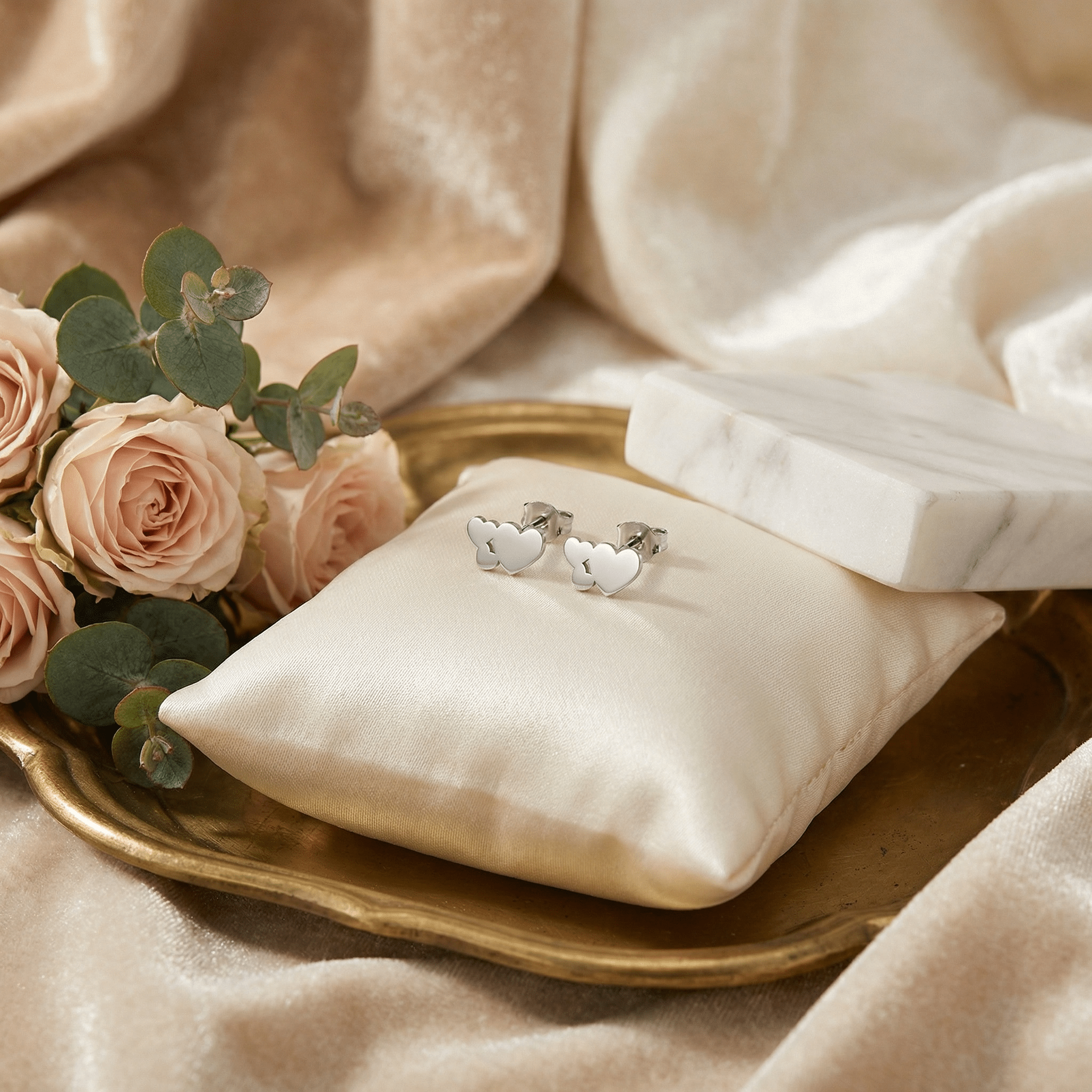 Cercei Argint 925 3 Inimi – Cercei Mici Argint Dama Stud cu Fluturas