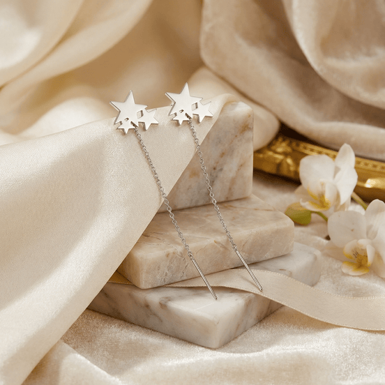 Cercei Argint 925 Lungi cu Lanț și 3 Stele – Design Modern Triple Star Threader