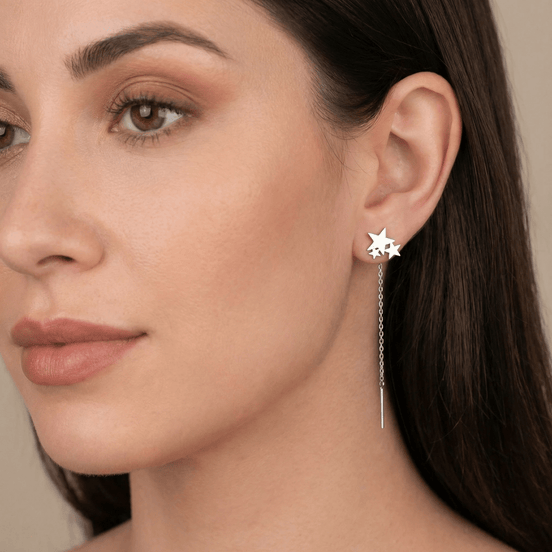 Cercei Argint 925 Lungi cu Lanț și 3 Stele – Design Modern Triple Star Threader