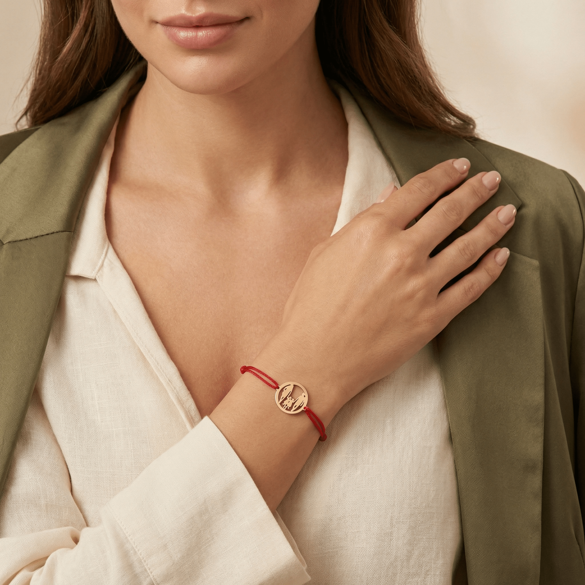 Brățară Aur 14K cu Șnur și Bănuț Familie cu 2 Fetițe – Simbolul Unității cu Garanție și Cutie Cadou