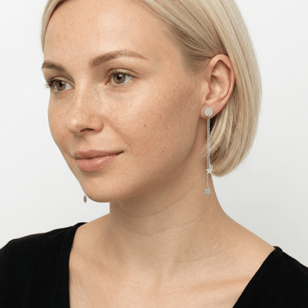 Cercei Argint 925 Lungi Stea si Soare – Cercei Argint Dama cu Lant 8cm