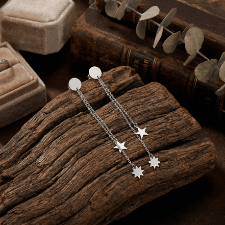 Cercei Argint 925 Lungi Stea si Soare – Cercei Argint Dama cu Lant 8cm