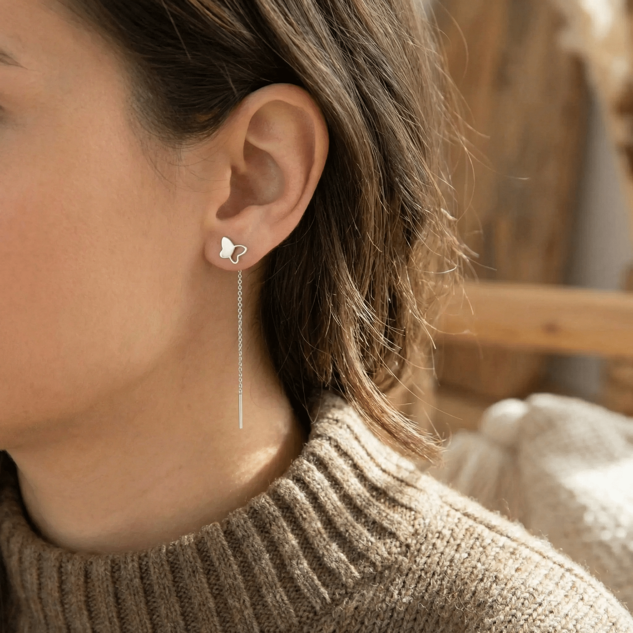 Cercei Argint 925 Lungi cu Lanț și Fluture – Design Delicate Butterfly Threader
