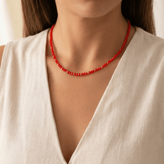 Colier Damă Aur 14K cu Bile și Cristale Roșu Intens – Bijuterie Elegantă de Lux pentru Cadou