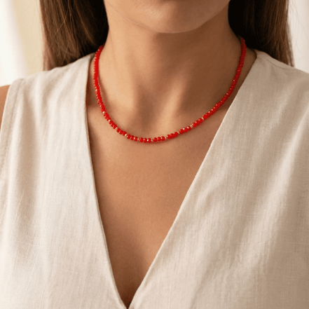 Colier Damă Aur 14K cu Bile și Cristale Roșu Intens – Bijuterie Elegantă de Lux pentru Cadou