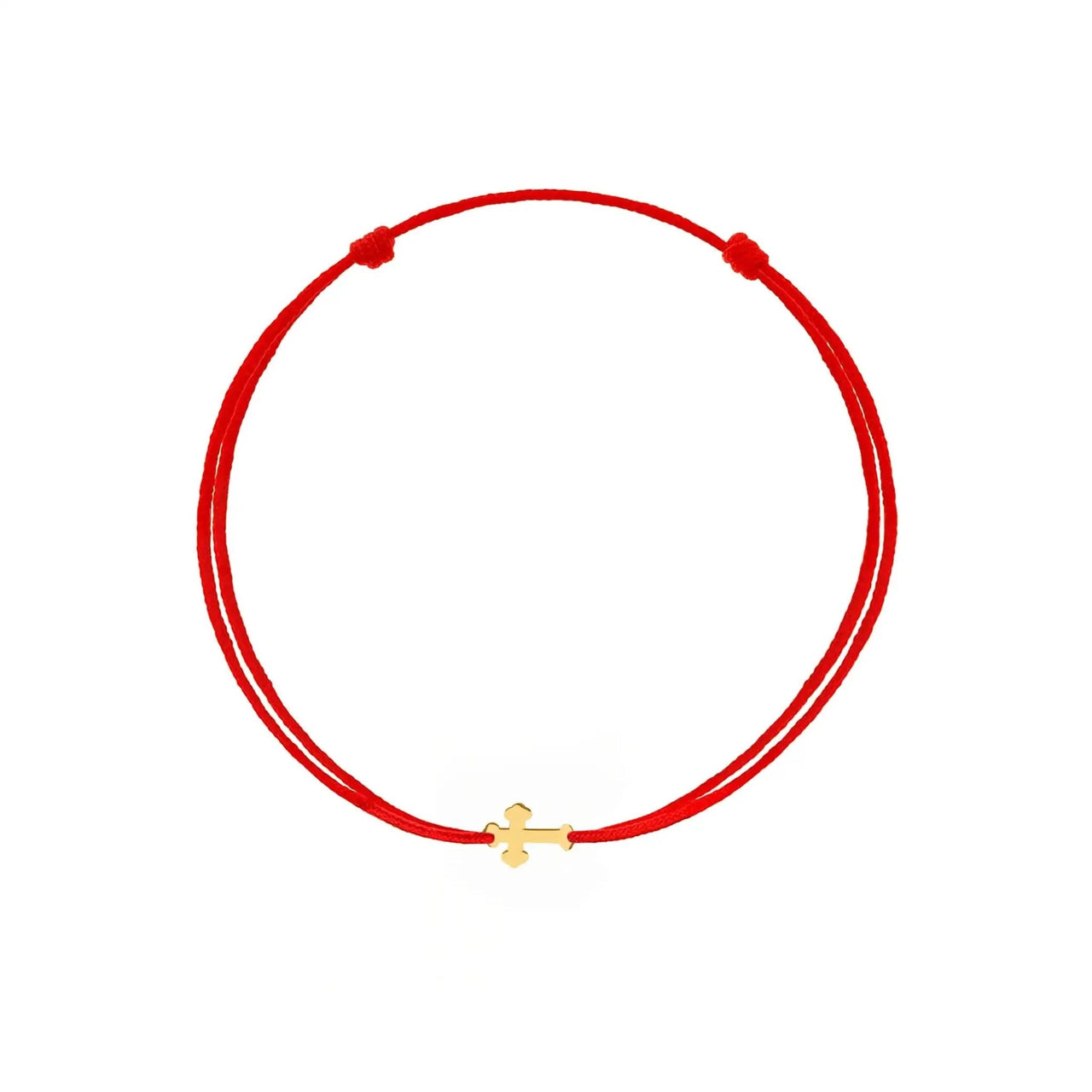 Brățară aur 9K cu șnur roșu și cruce bizantină stilizată — pandantiv 11x6 mm trefoil