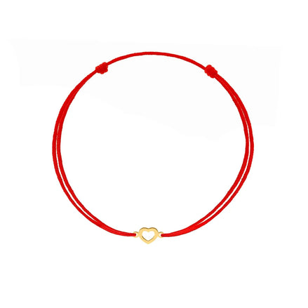 Brățară aur 9K cu șnur roșu și inimă decupată outline — pandantiv 11x6 mm