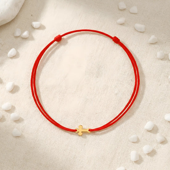 Brățară Aur 14K cu Șnur și Cruce Stilizată – Talisman Protector Reglabil