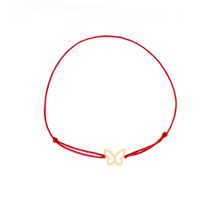 Brățară aur 14K cu șnur roșu și disc cu fluture decupat - vedere frontală