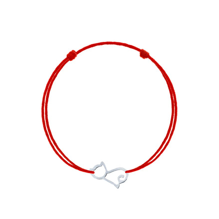 Brățară argint 925 rodiat cu șnur roșu reglabil și pandantiv pisică contur cu coadă spirală 17×10 mm