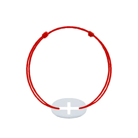 Brățară argint 925 rodiat cu șnur roșu și disc oval cu cruce latină simplă decupată 17.5x10mm