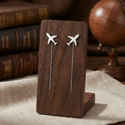 Cercei threader argint 925 rodiat cu avion stilizat 12x10mm și lanț fin 6cm — vedere frontală cu globe pământesc