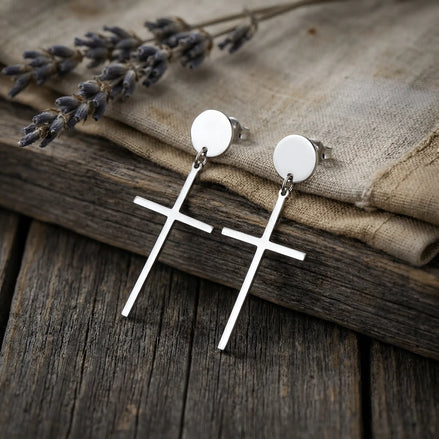 Cercei argint 925 rodiat lungi cu cruce simplă 15x10 mm – stud rotund cu fluturaș, finisaj oglindă