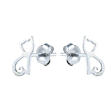 Cercei stud argint 925 rodiat cu siluetă outline pisicuță 9.5x5.5mm — vedere frontală cu coadă spiralată